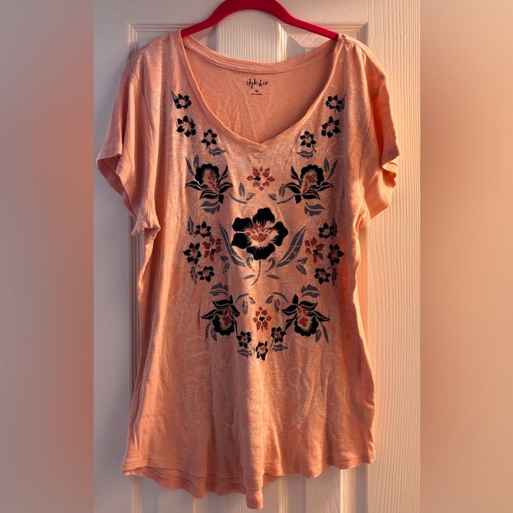 Style & Co. Peach Floral Short Sleeve Top